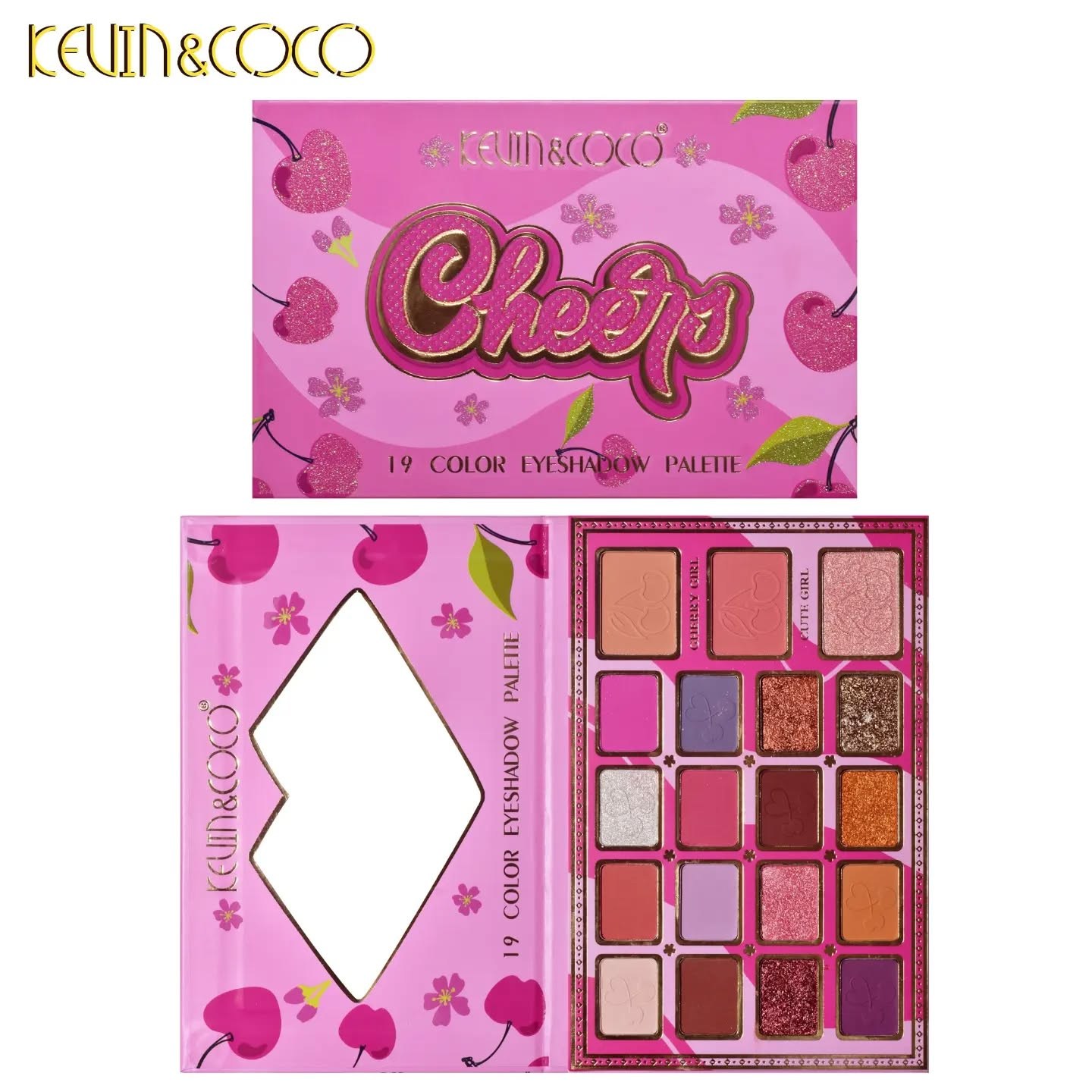 เซตชมพู Kevin & Coco 19 Colors eyeshadow palette อายแชโดว์ 19 สี สีสวย โทนสีส้มและโทนสีชมพู ติดทนยาวนาน แมท ชิมเมอร์ กลิตเตอร์